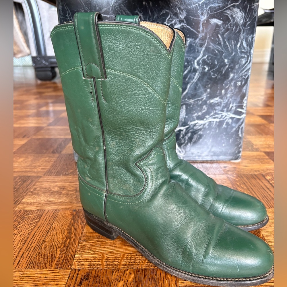 Justin Vintage Cowboy Original Green Roper Western Leather Boots - Made in USA
